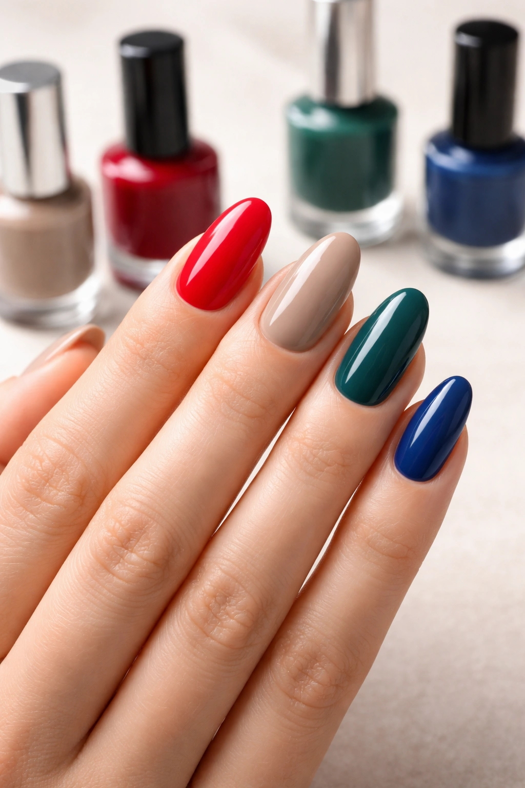Nails in red, taupe, greige, and jewel tones for neutral undertones
