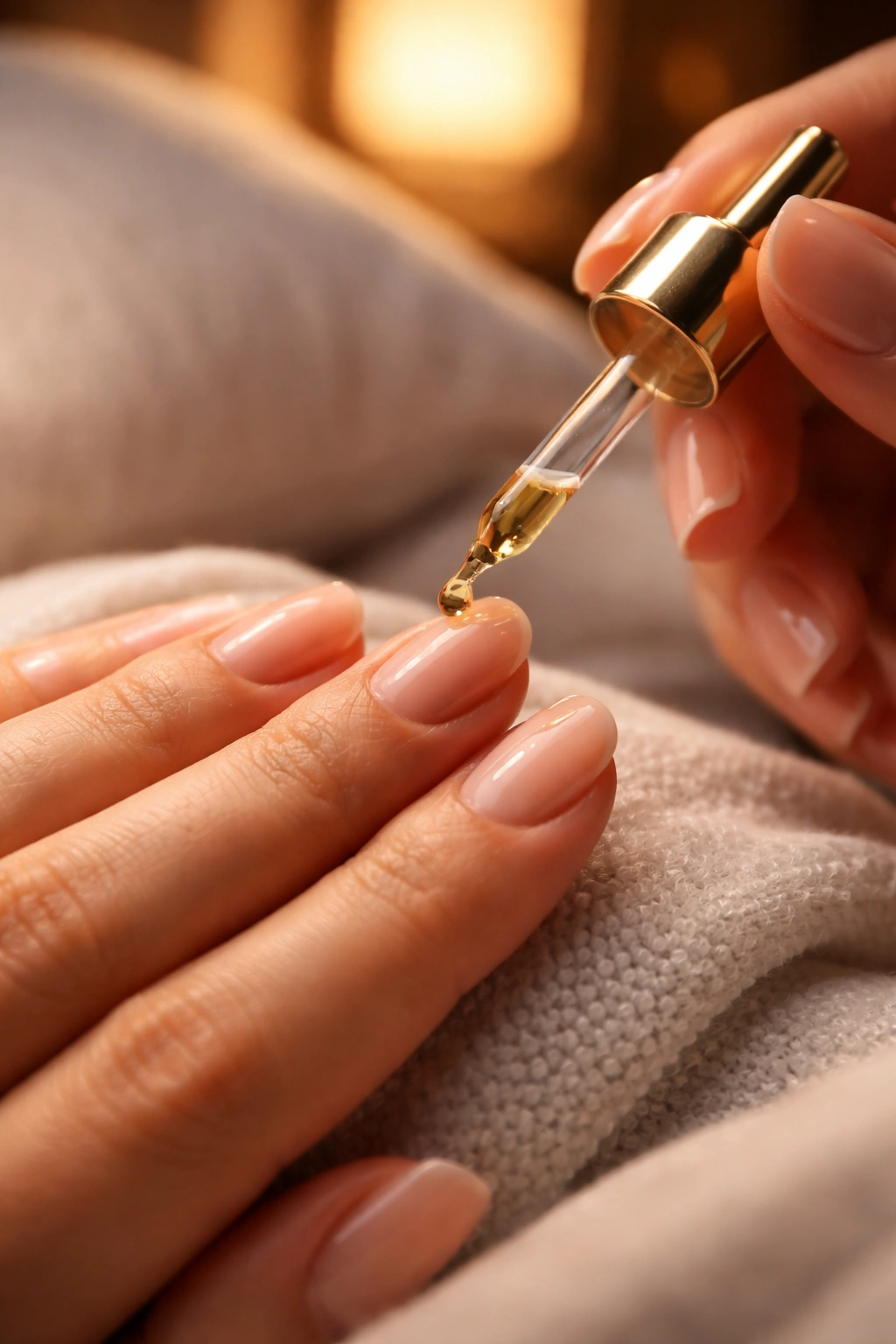 Hand applying cuticle oil at night under soft bedside light