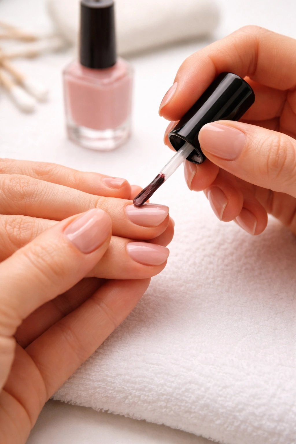 Two hands during non-dominant hand nail painting