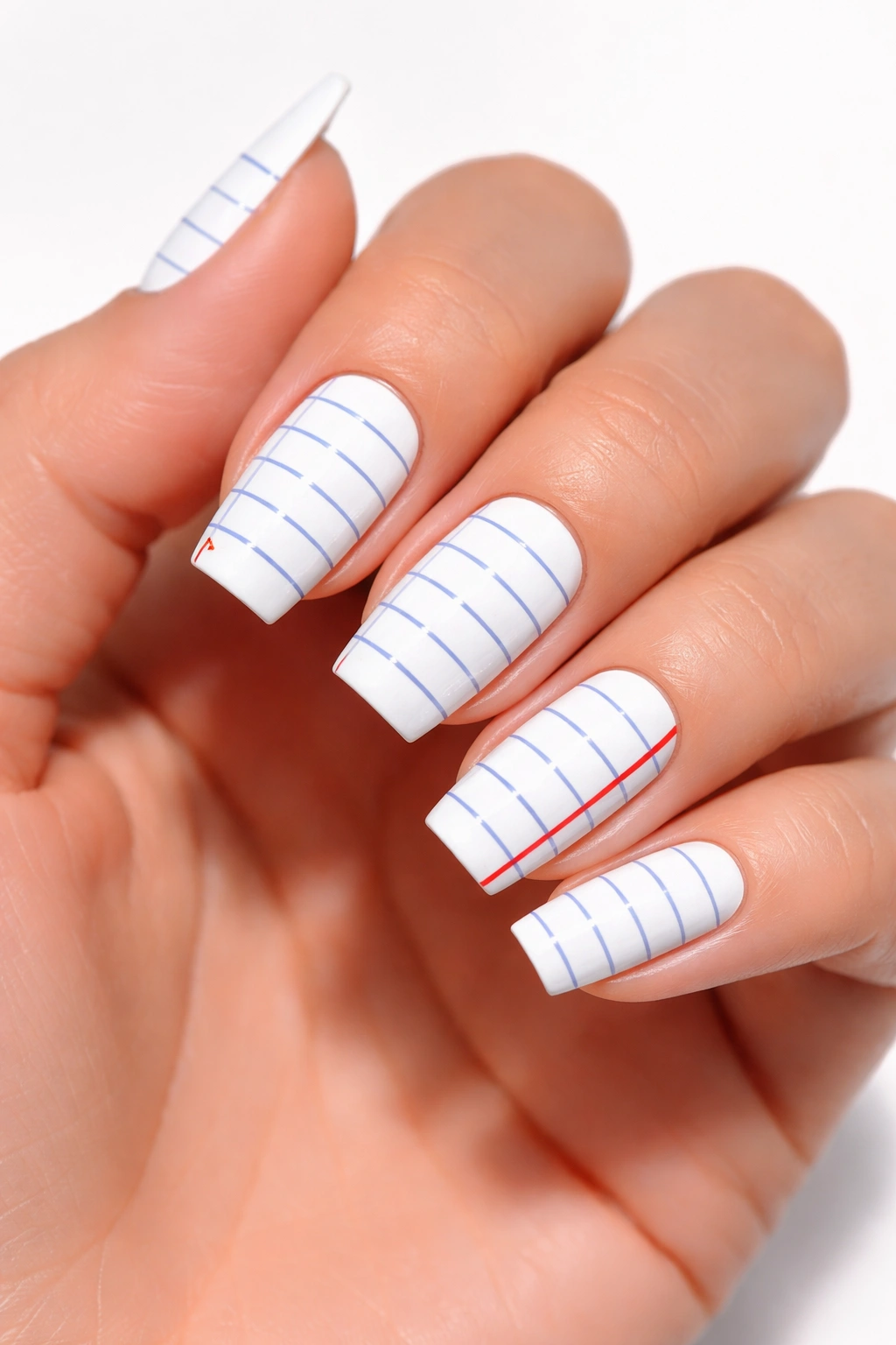 Close-up of white nails with blue lines and red margin, notebook paper inspired.