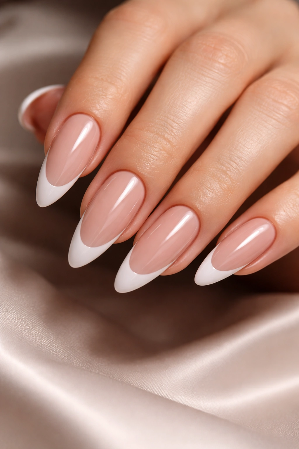 Nude almond nails with ultra-precise French arcs and high gloss