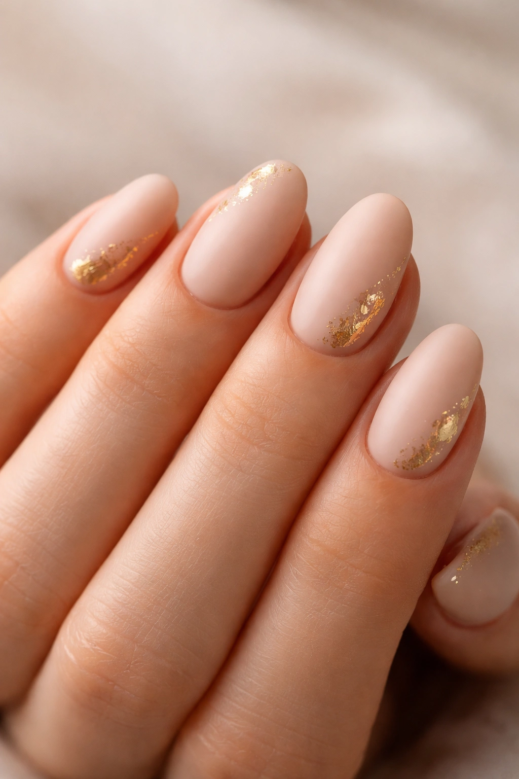 Close-up of nude almond press-on nails with subtle gold foil accents