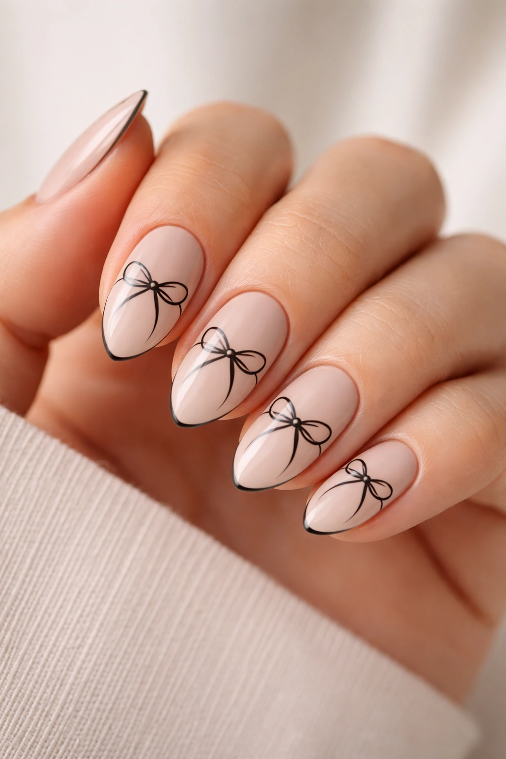 Close-up of nude almond nails with a thin black bow outline on a beige base