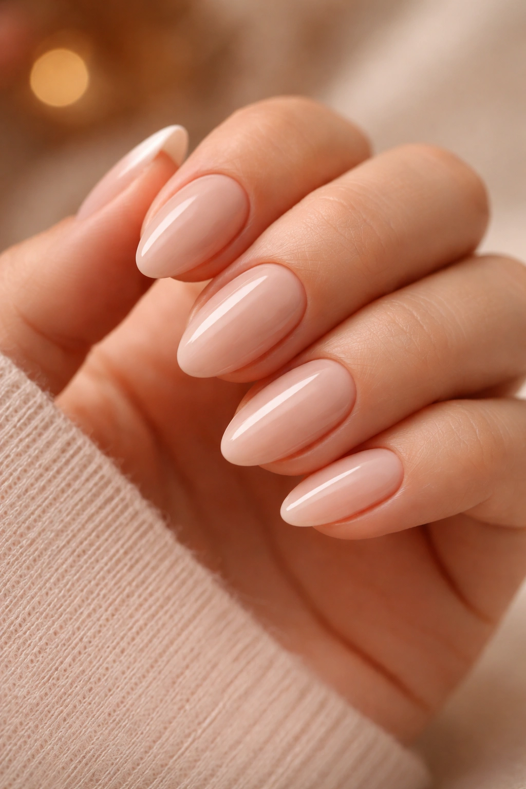 Nude almond nails with glossy finish on hand