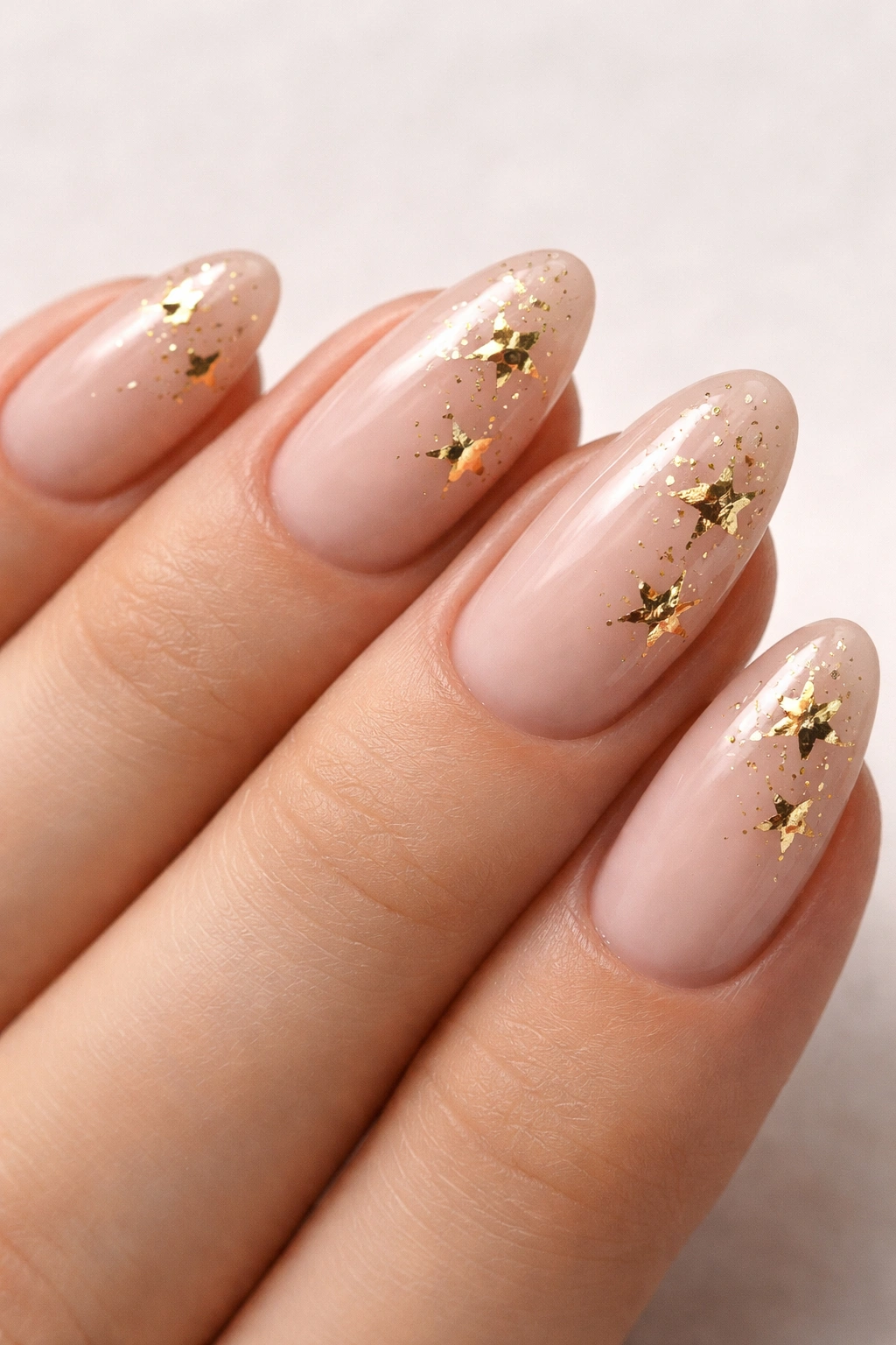 Close-up of nude almond nails with gold foil star accents on a plain surface