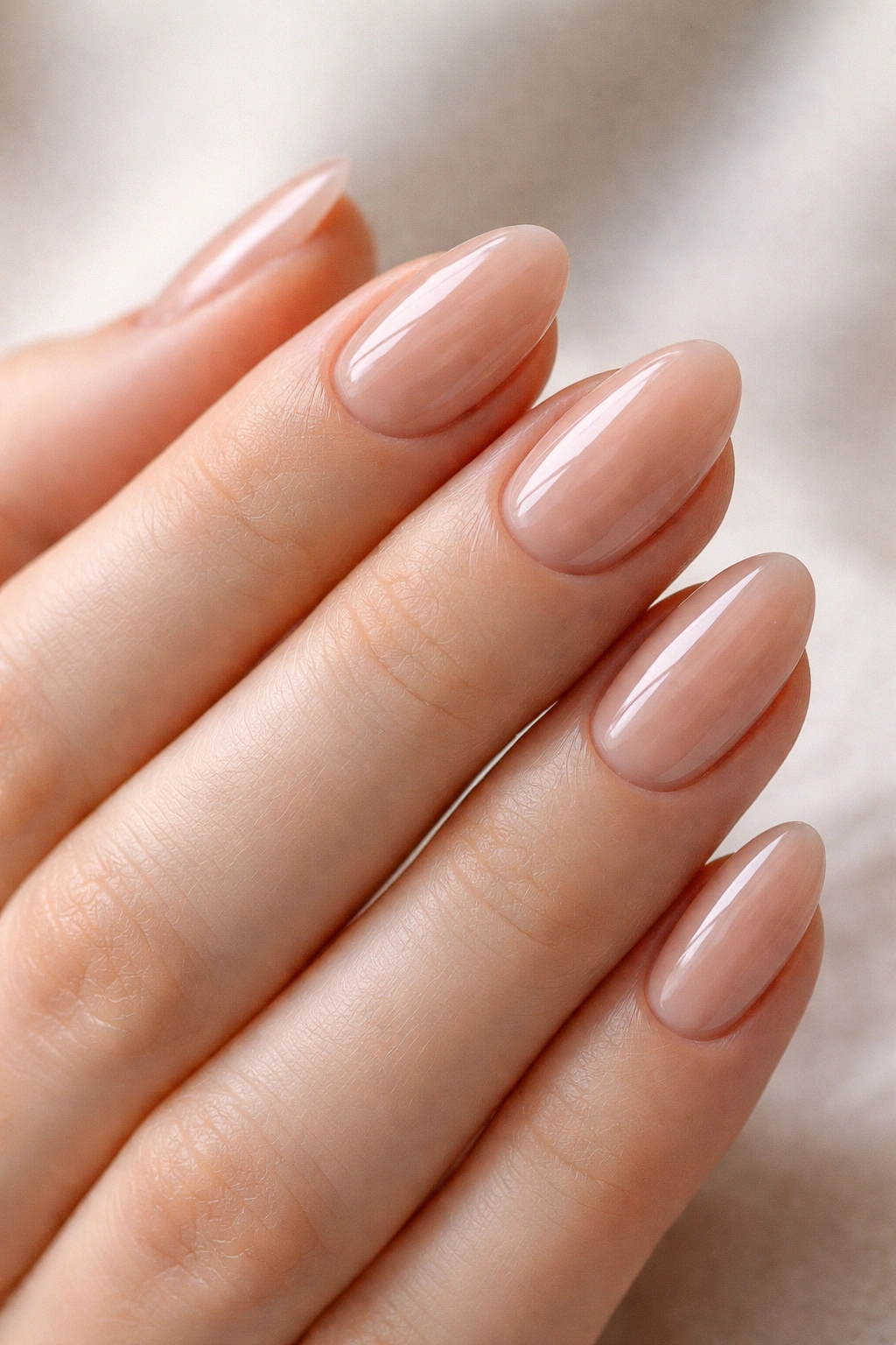 Close-up of nude almond nails with clear glassy top coat