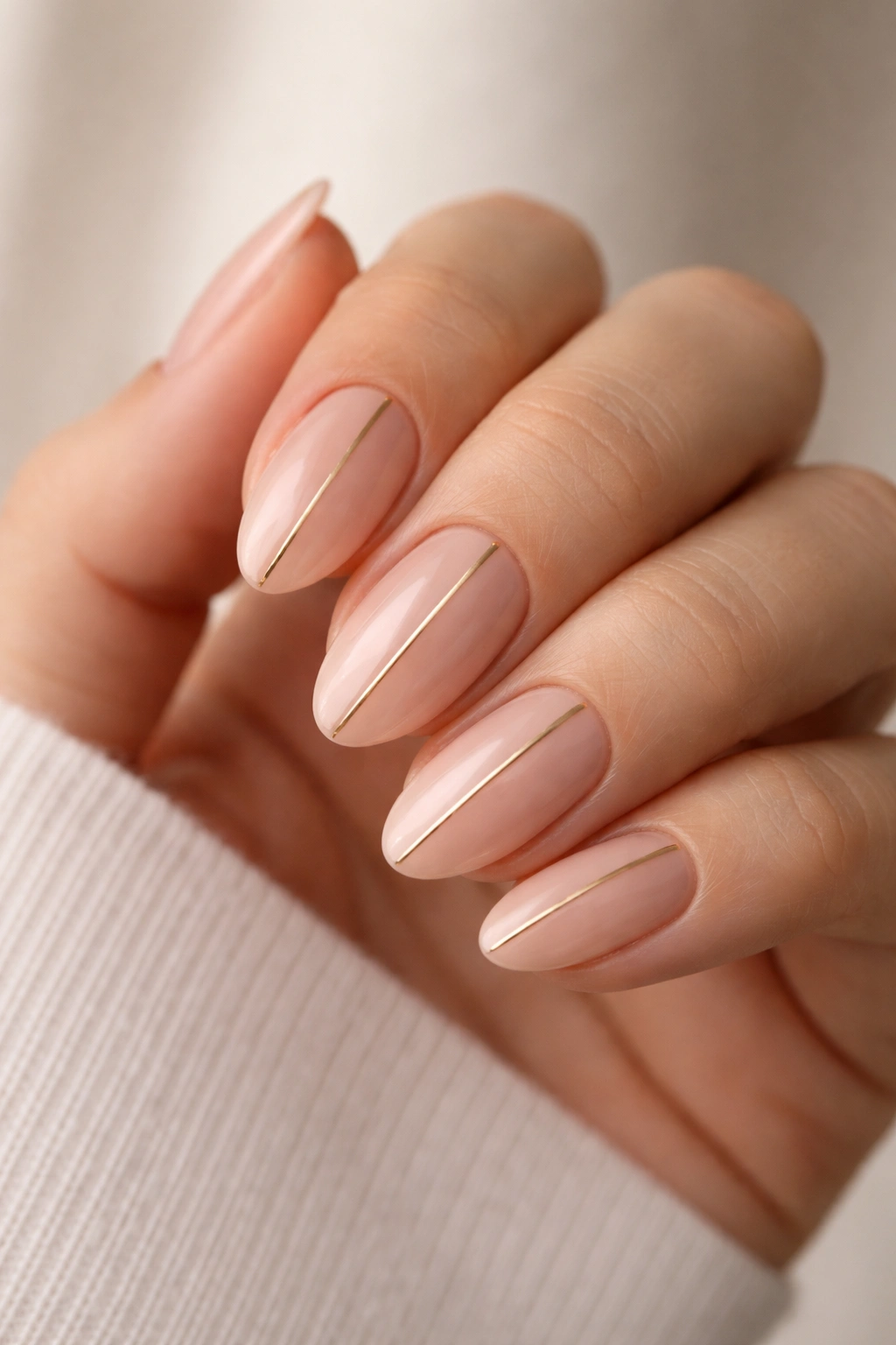 Close-up of nude almond nails with a thin gold line on a hand