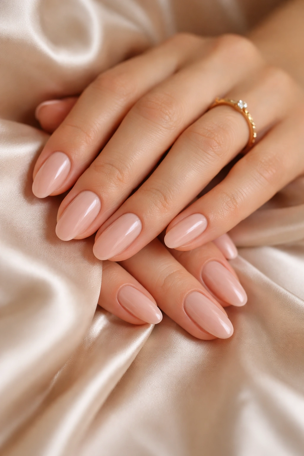 Close-up of short nude almond nails with jelly gloss on satin fabric.