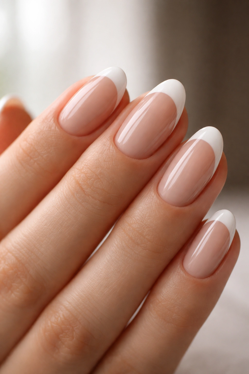 Close-up of nude-to-white rounded almond French nails on short nails