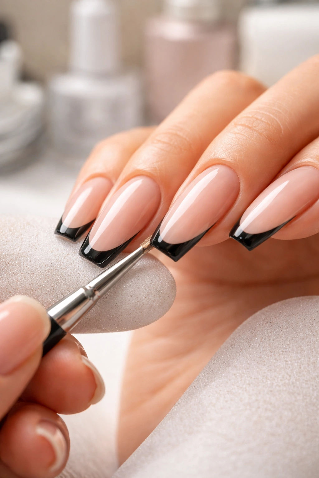 Nails prepared for black French tips with sheer nude base and slim edge.