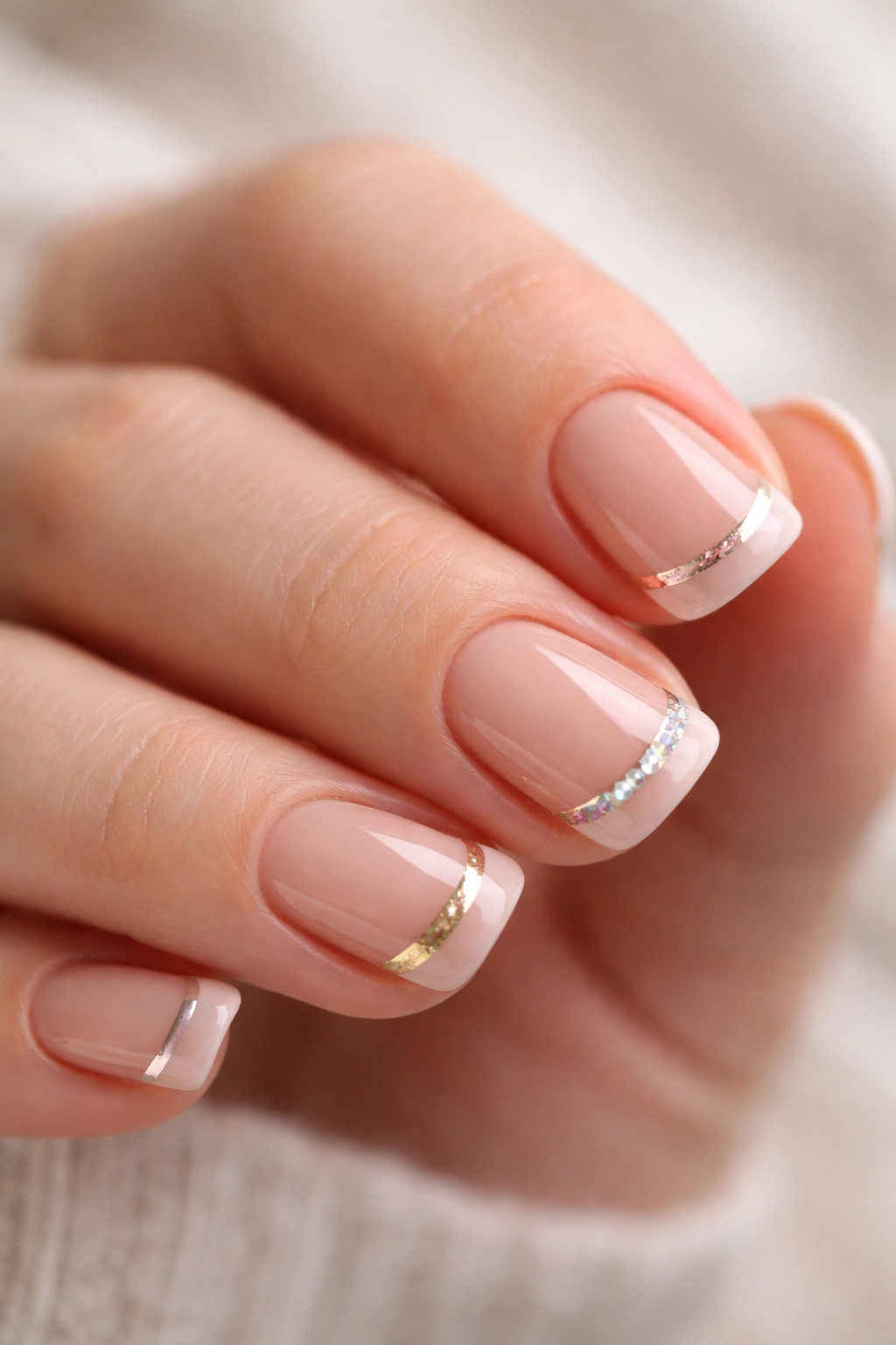 Close-up of nude-based nails with colored duck-tip detail