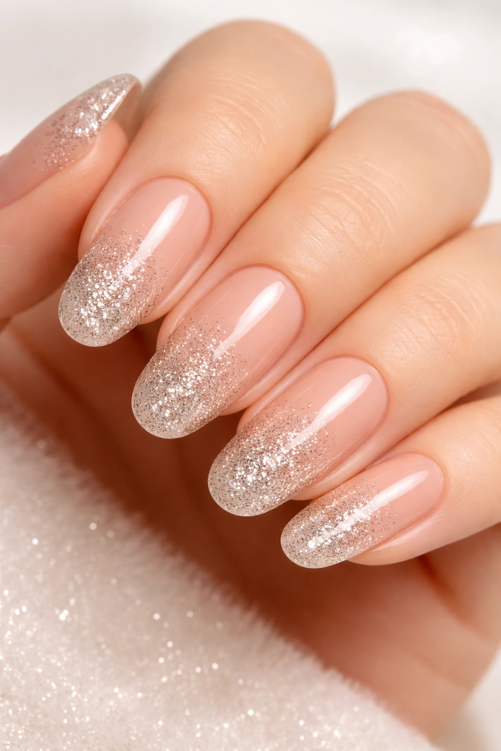 Nude base nails with glitter gradient on long round nails, festive yet subtle.