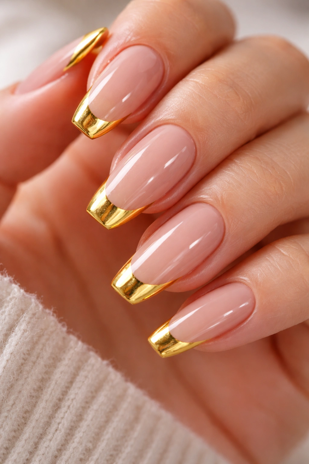 Nude base nails with molten gold French tips on ballerina shape.