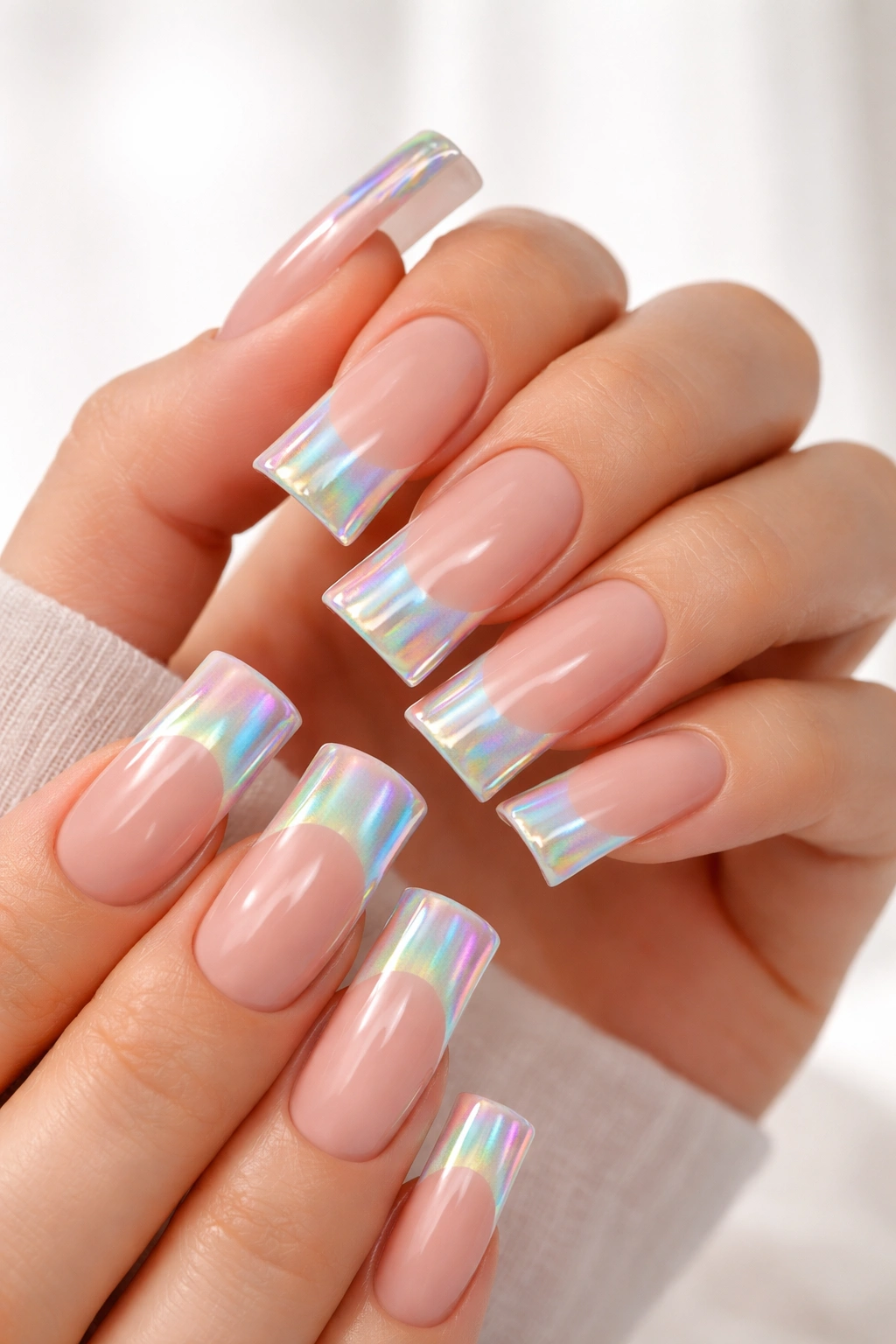 Nude base duck nails with iridescent holographic tips catching rainbow light