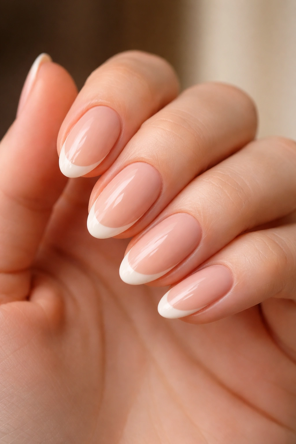 Short almond nails with nude base and ivory edge