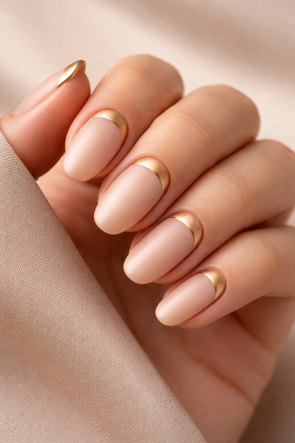 Close-up of nude base nails with matte gold detailing