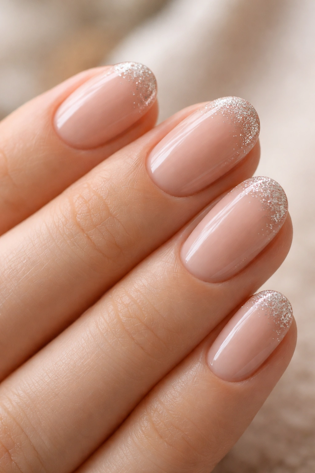 Close-up of nude base nails with micro glitter tips on short oval gel extensions