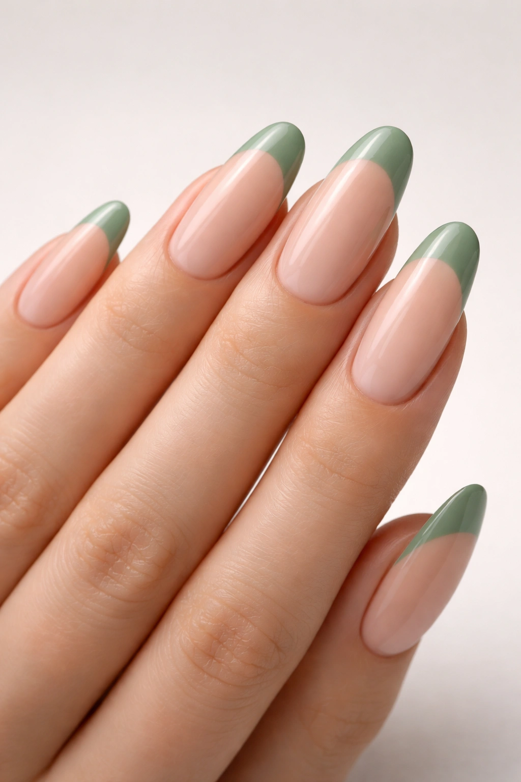 Close-up of nude-base nails with sage-green colored tips