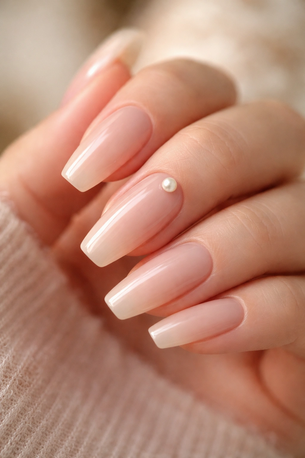 Nude-base nails with a single 1.5–2 mm pearl near the cuticle