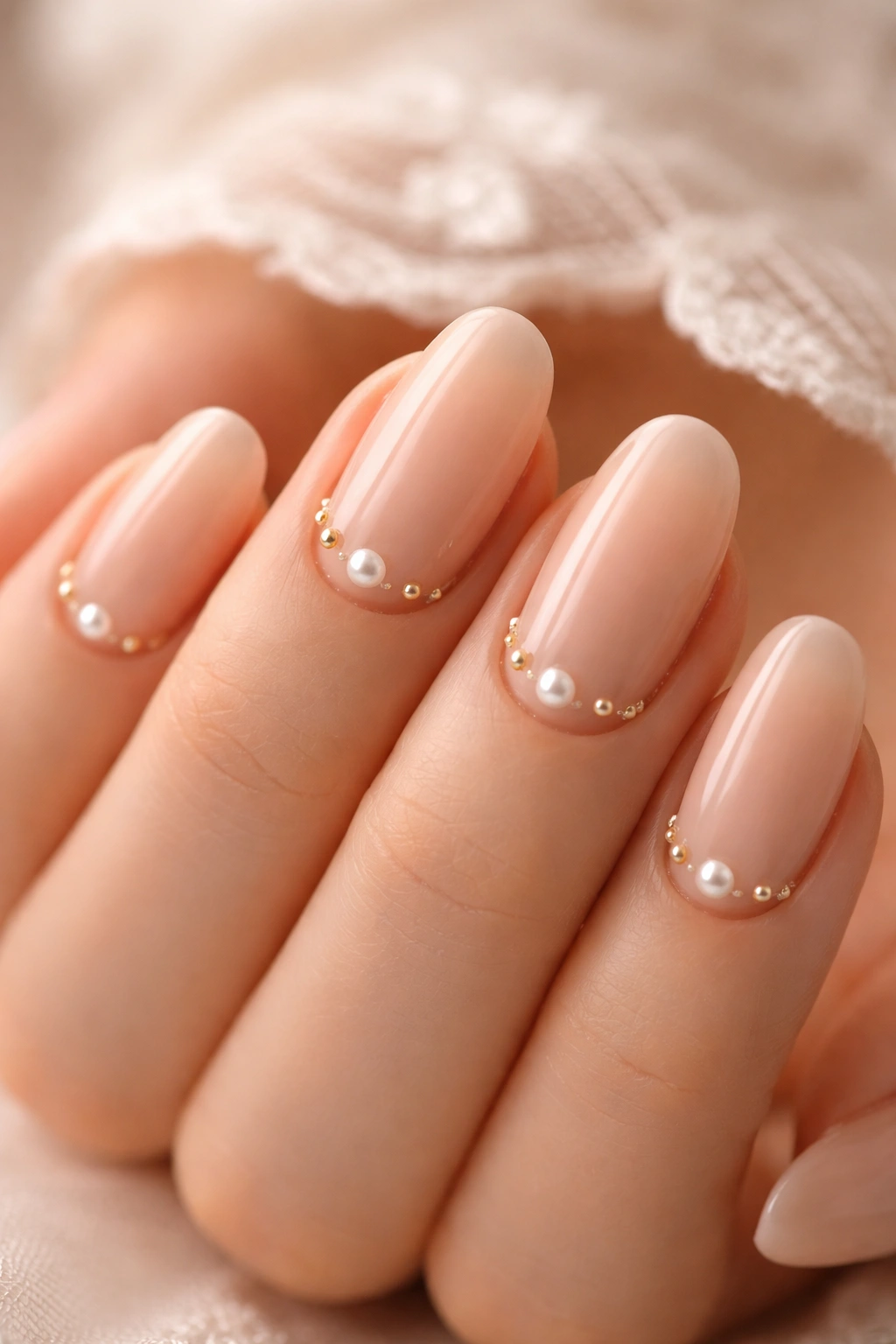 Nude nails with small pearl accents near the cuticle