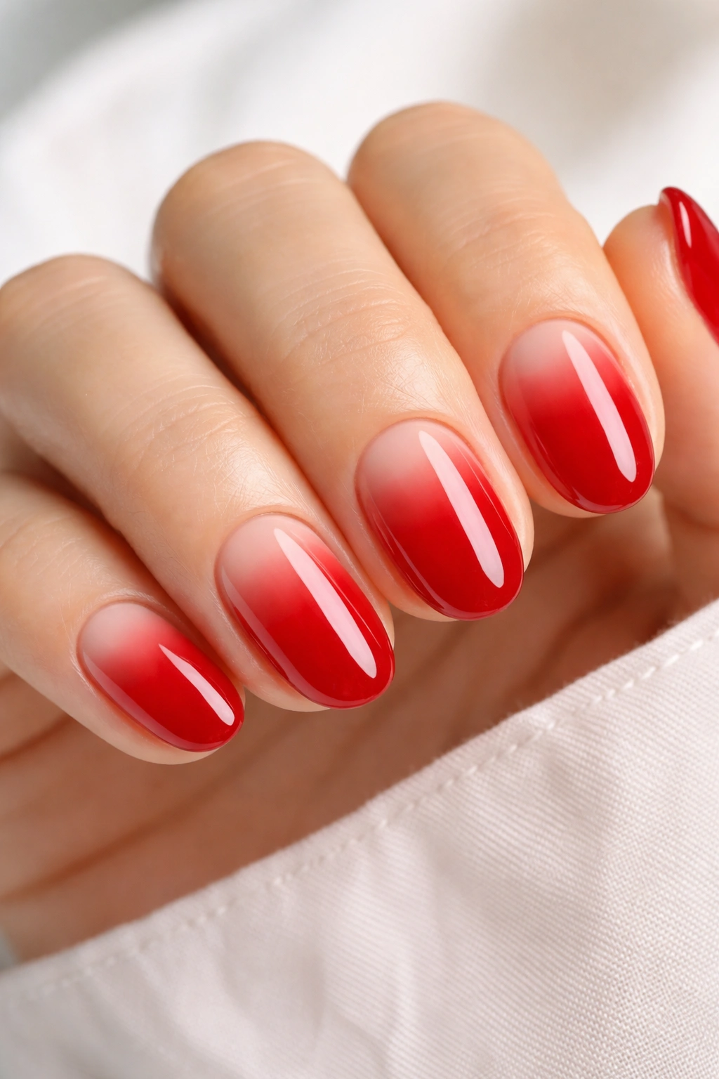 Close-up of short oval nails with red polish over a nude base