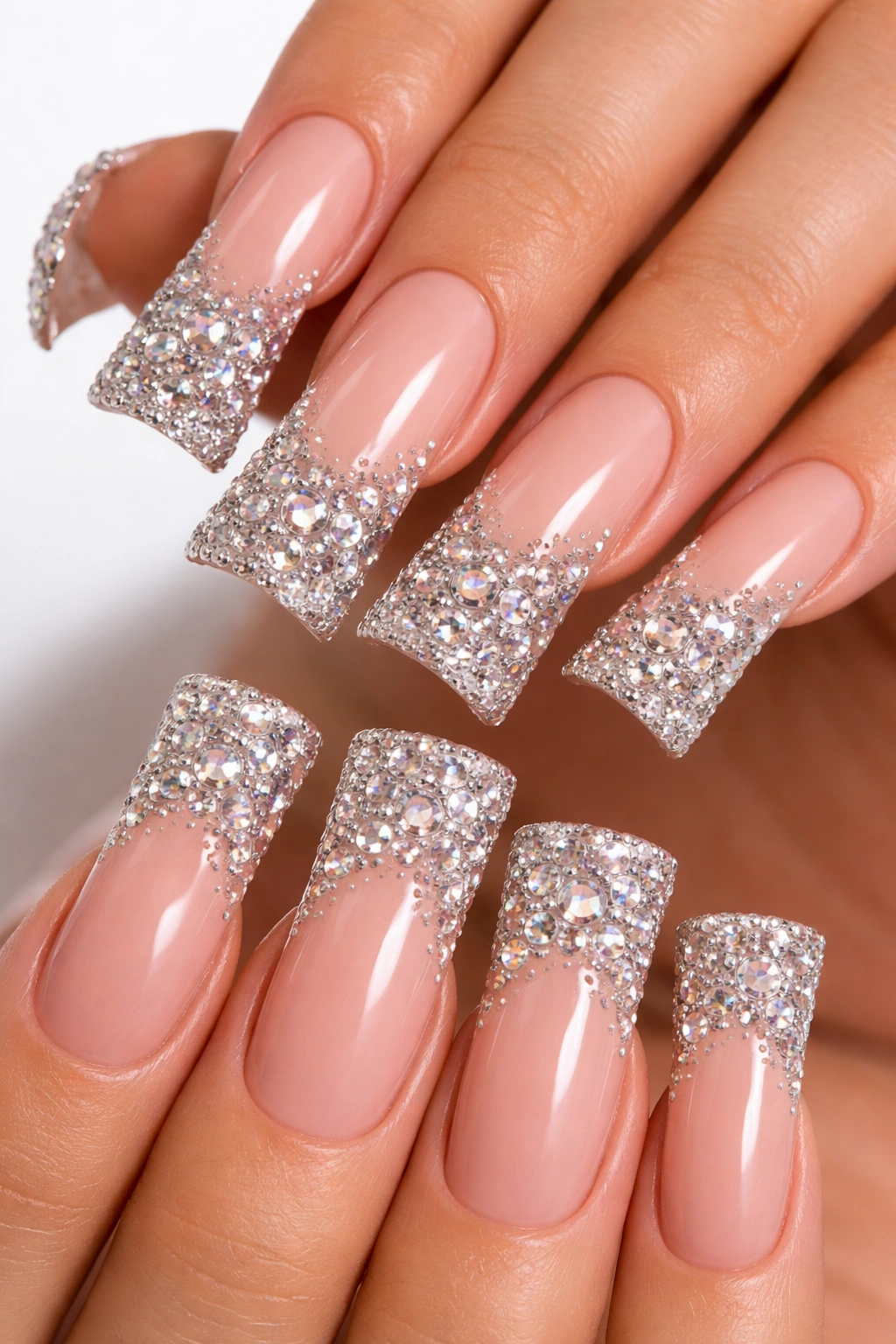 Nude base nails with 3D rhinestone gradient on long curved duck nails
