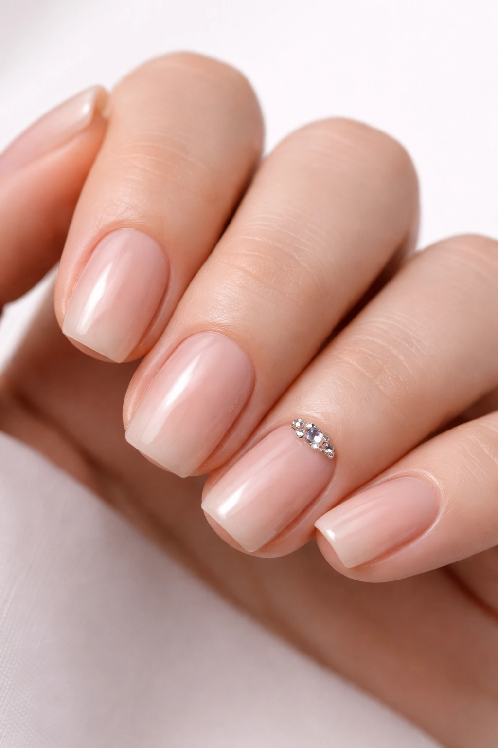Nude nails featuring a small rhinestone cluster on one nail.