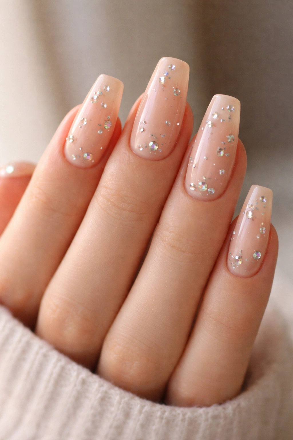 Nude base coffin nails with scattered rhinestones on a bare hand