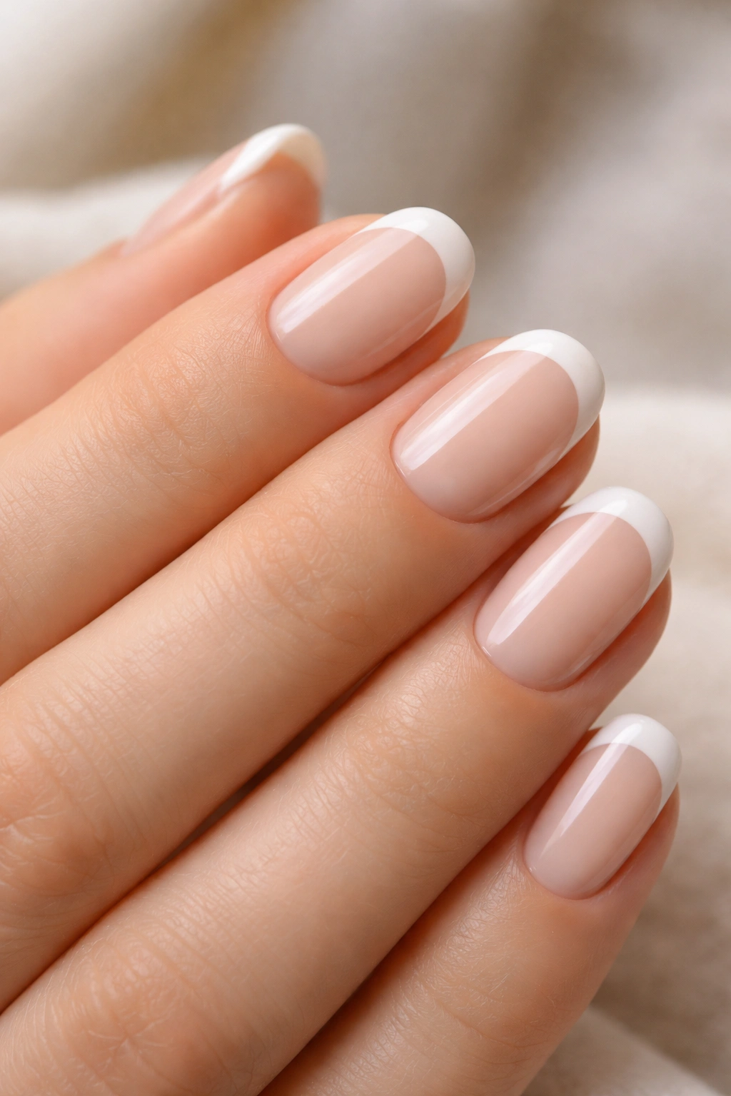 Close-up of short oval nails with nude base and sheer white tips.