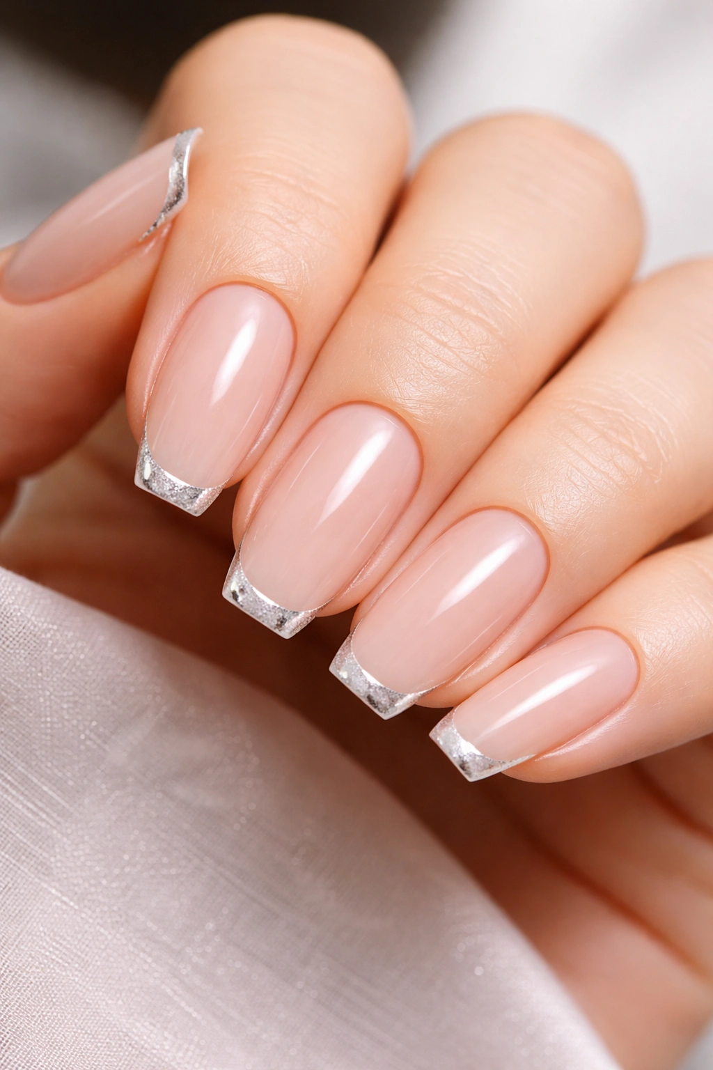 Nails with nude base and thin silver micro French tip