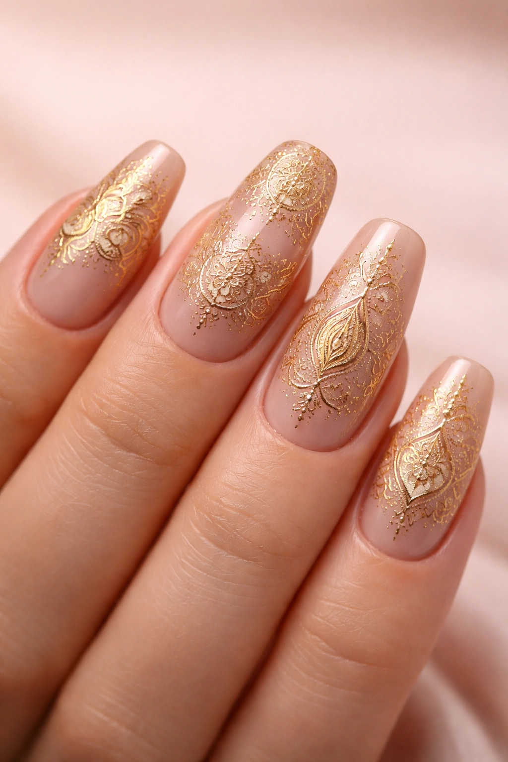 Close-up of nude nails with gold stamping patterns