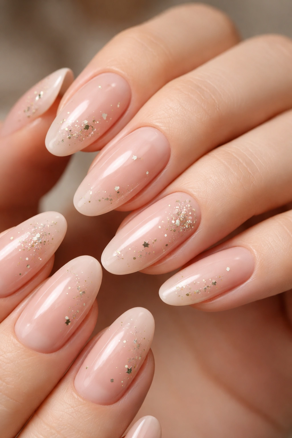 Close-up of long oval nails with nude base and small metallic stars