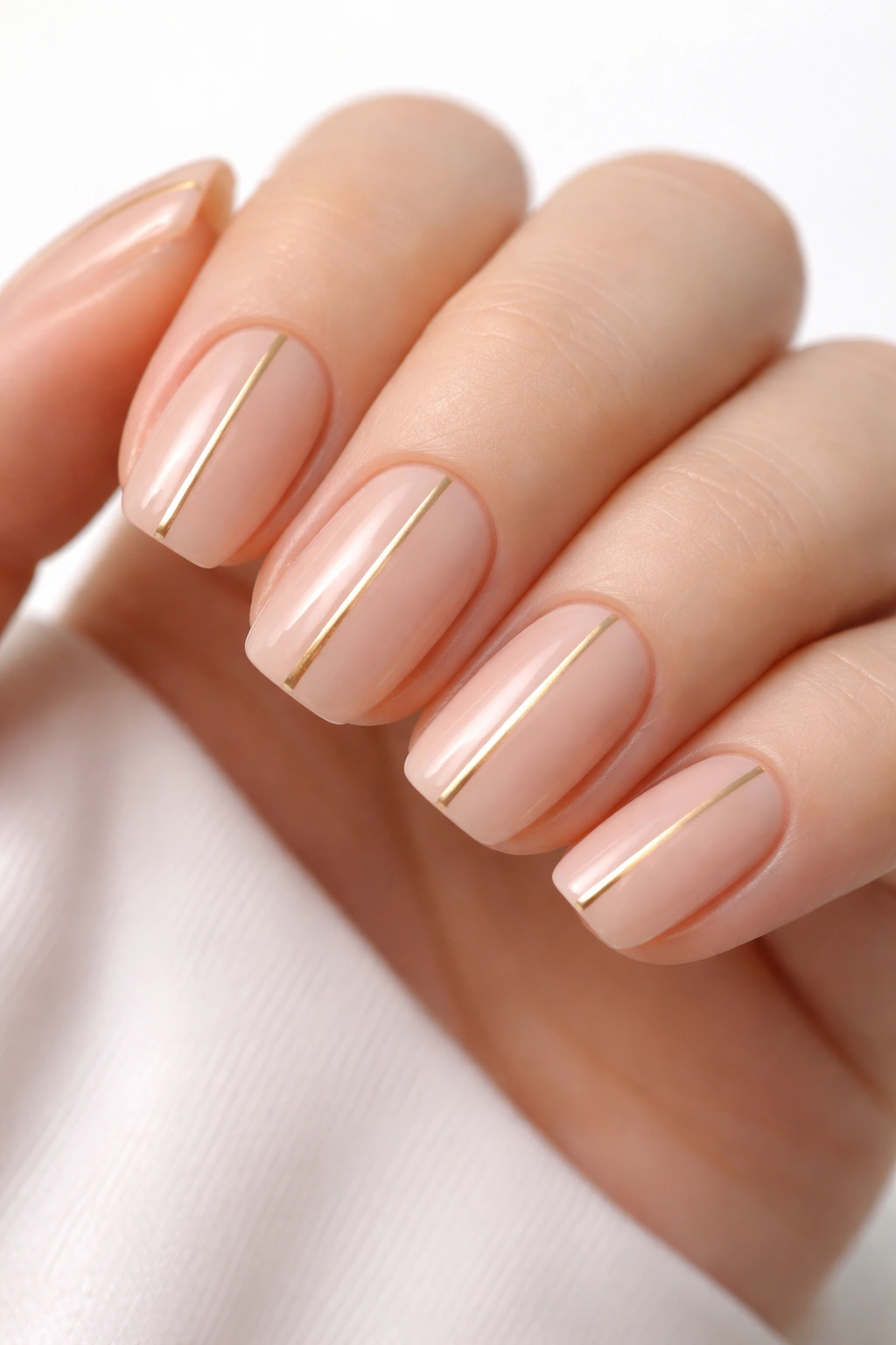 Close-up of nude base nails with vertical gold stripes on short squoval nails