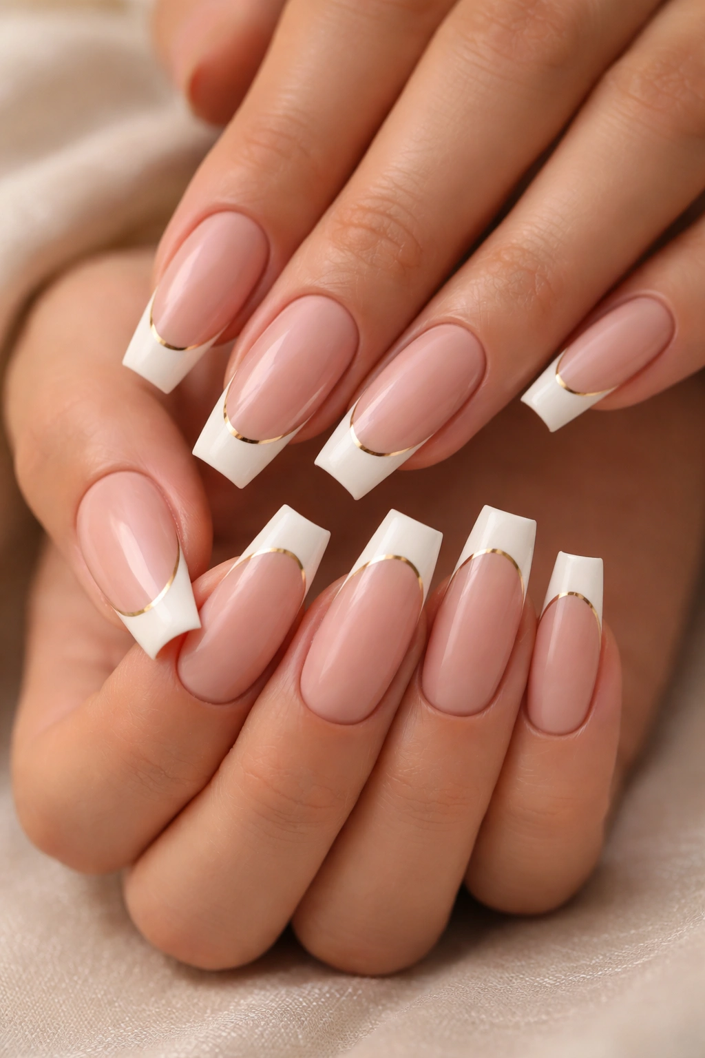 Nude base with thin gold stripe along French tip