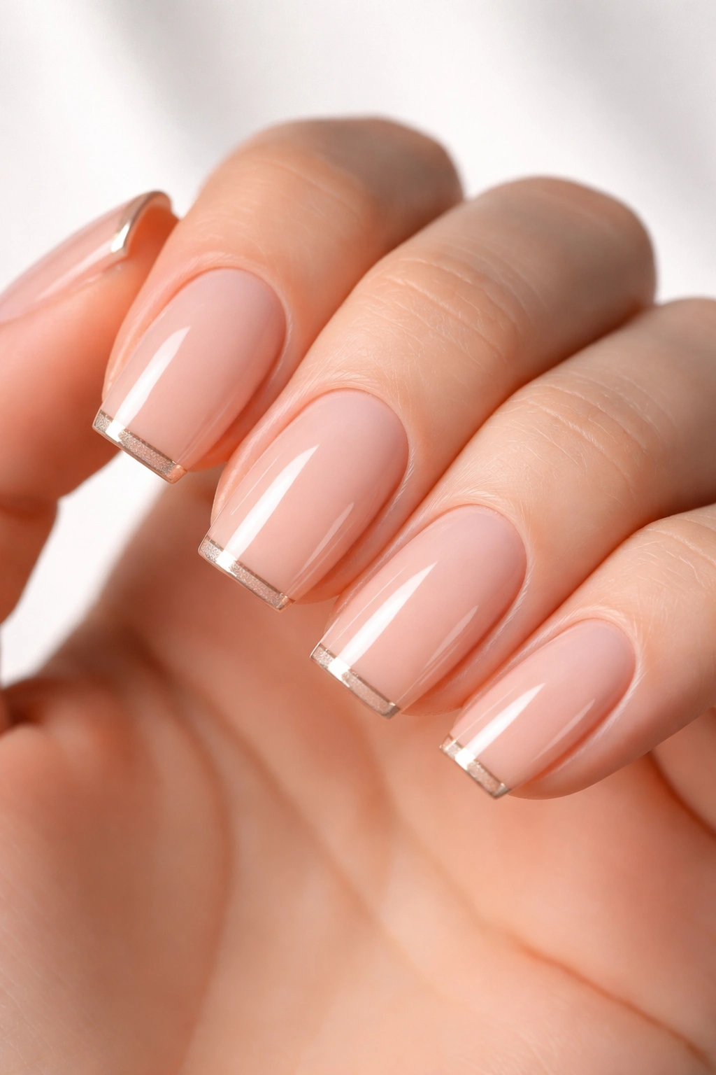 Close-up nails with nude base and ultra-thin metallic line along the tips.