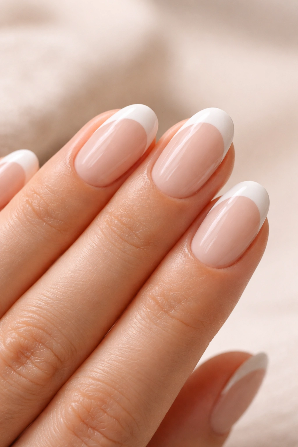 Close-up of white short oval nails with nude base and subtle white detailing