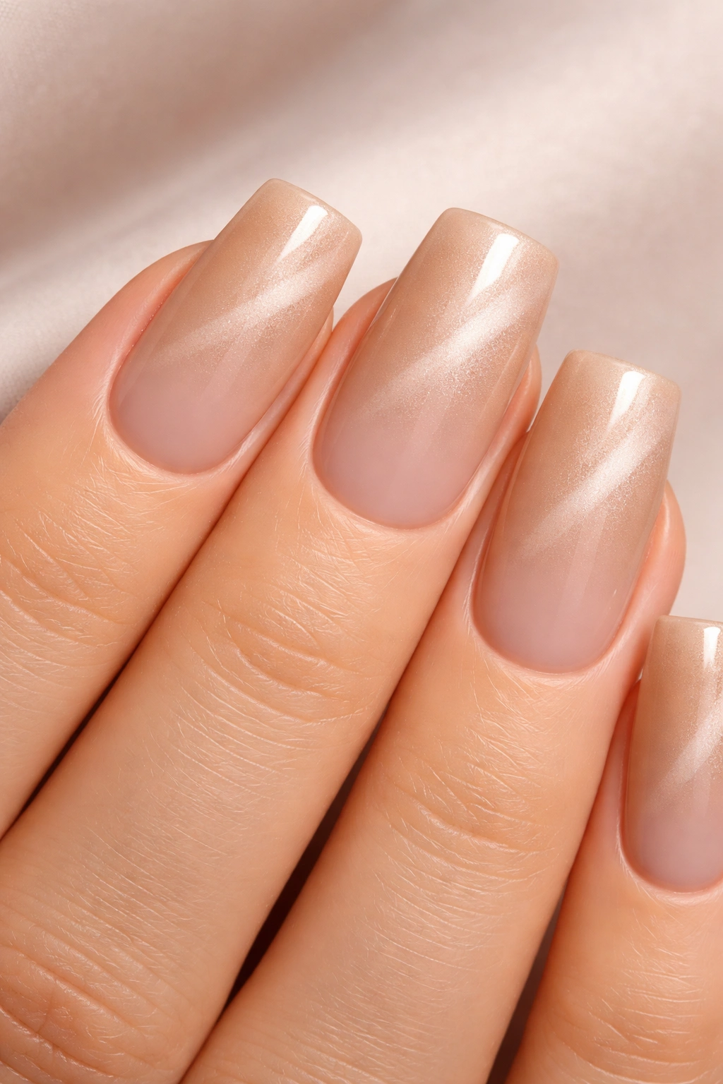 Close-up of Nude Beige Cat Eye Nails with nude-on-nude ombre on soft square nails.