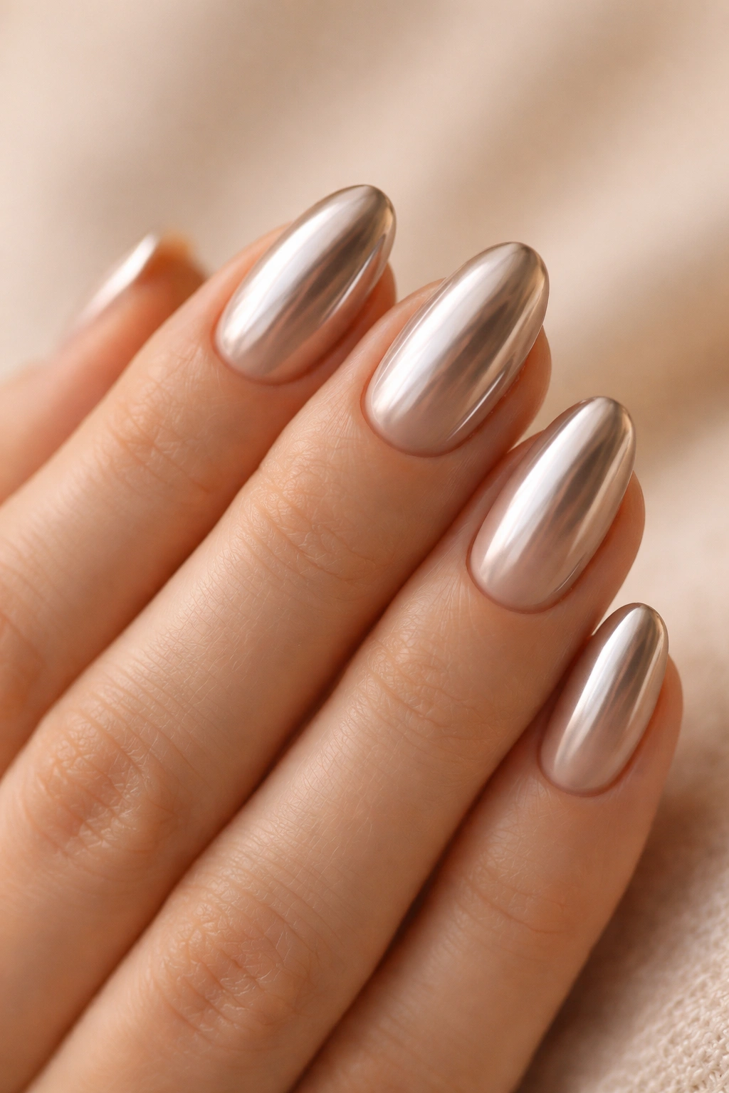 Short almond nail with nude beige base and chrome overlay