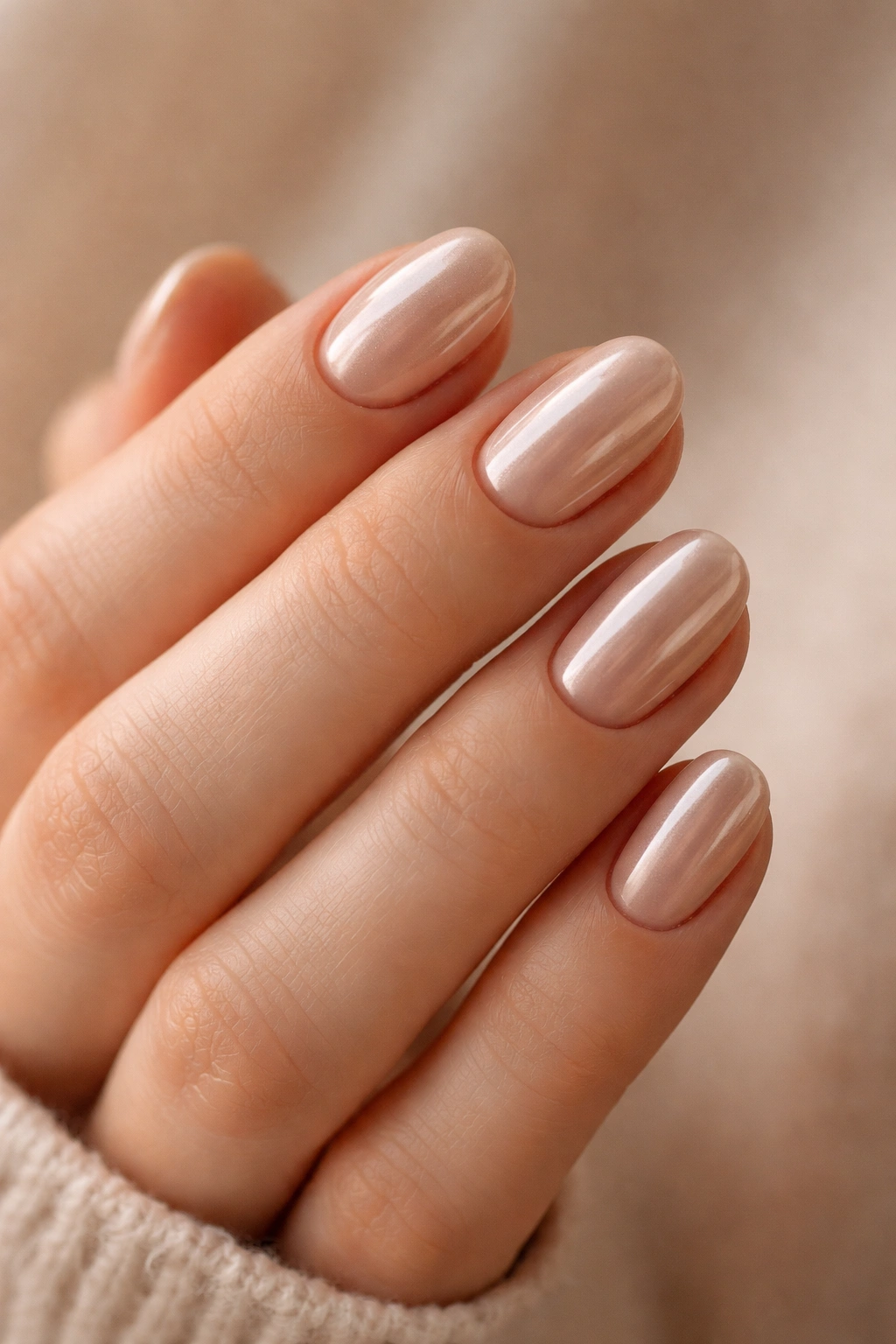 Close-up of short oval nails with nude beige chrome finish, soft glow