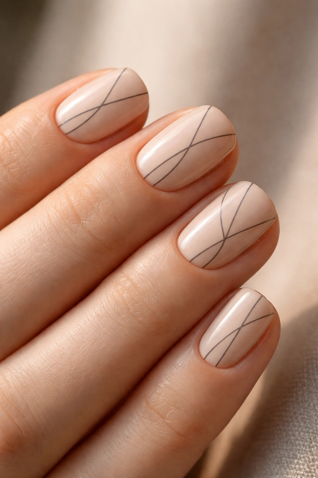 Nude beige nails with asymmetrical thin line work on short squoval nails