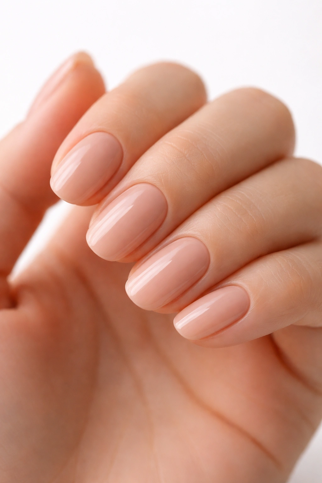 Close-up of nude beige short oval acrylic nails with peach undertone