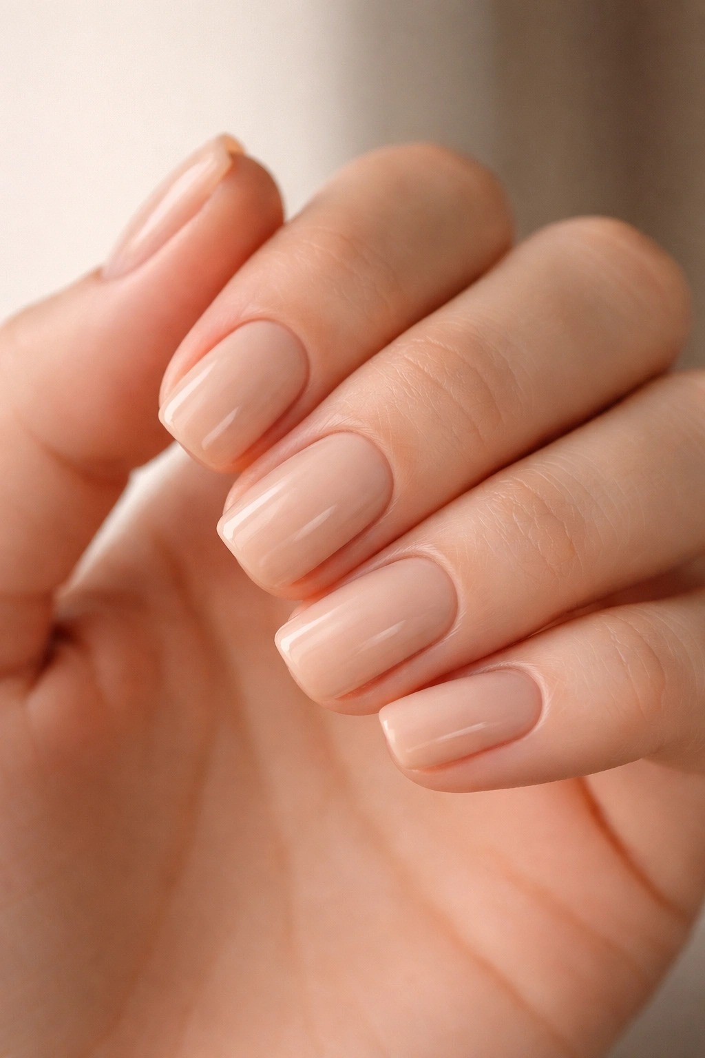 Close-up of nude beige square-oval nails on a hand with crisp edges