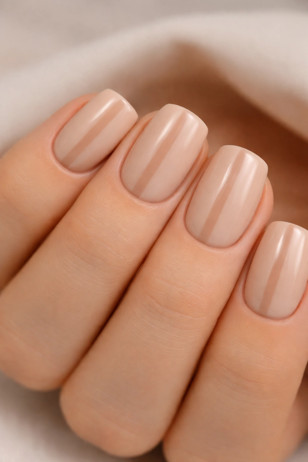 Nude beige nails with a centered nude stripe on squoval nails.