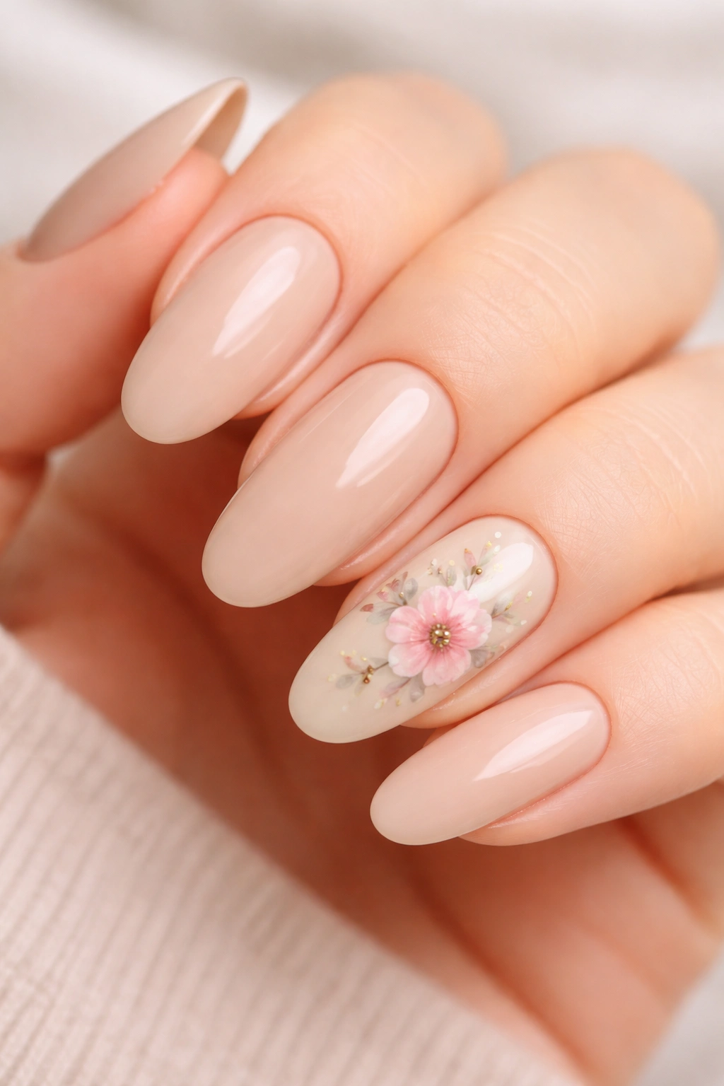 Close-up of nude beige nails with watercolor floral accent on one nail