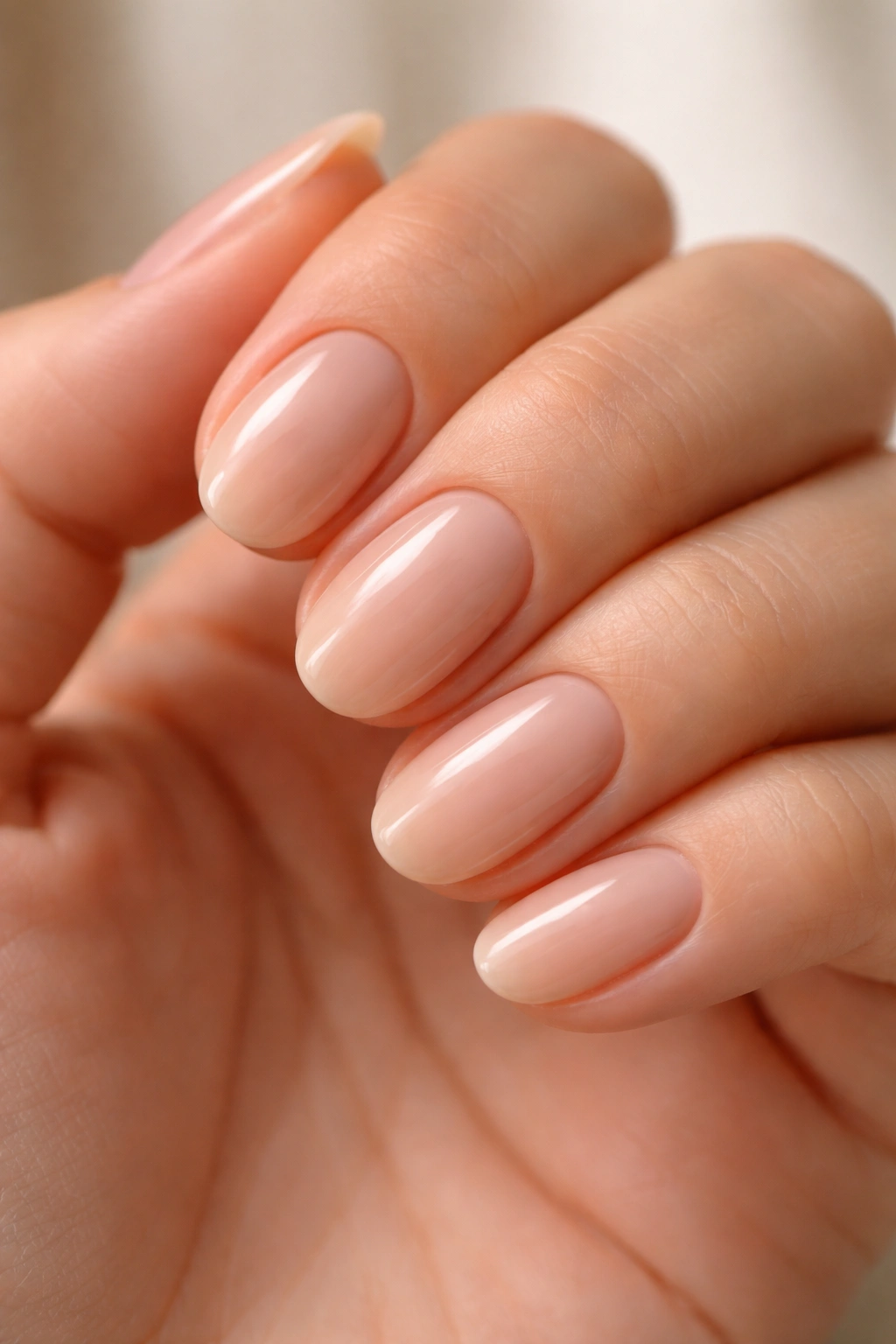 Close-up of a nude beige short oval nail with soft shine