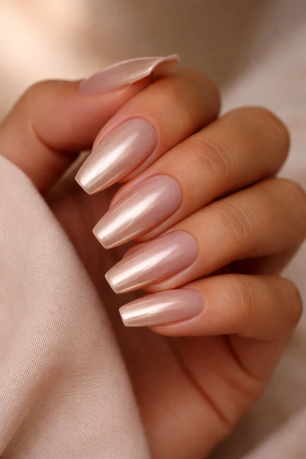 Nude blush chrome nails with champagne sheen on warm skin