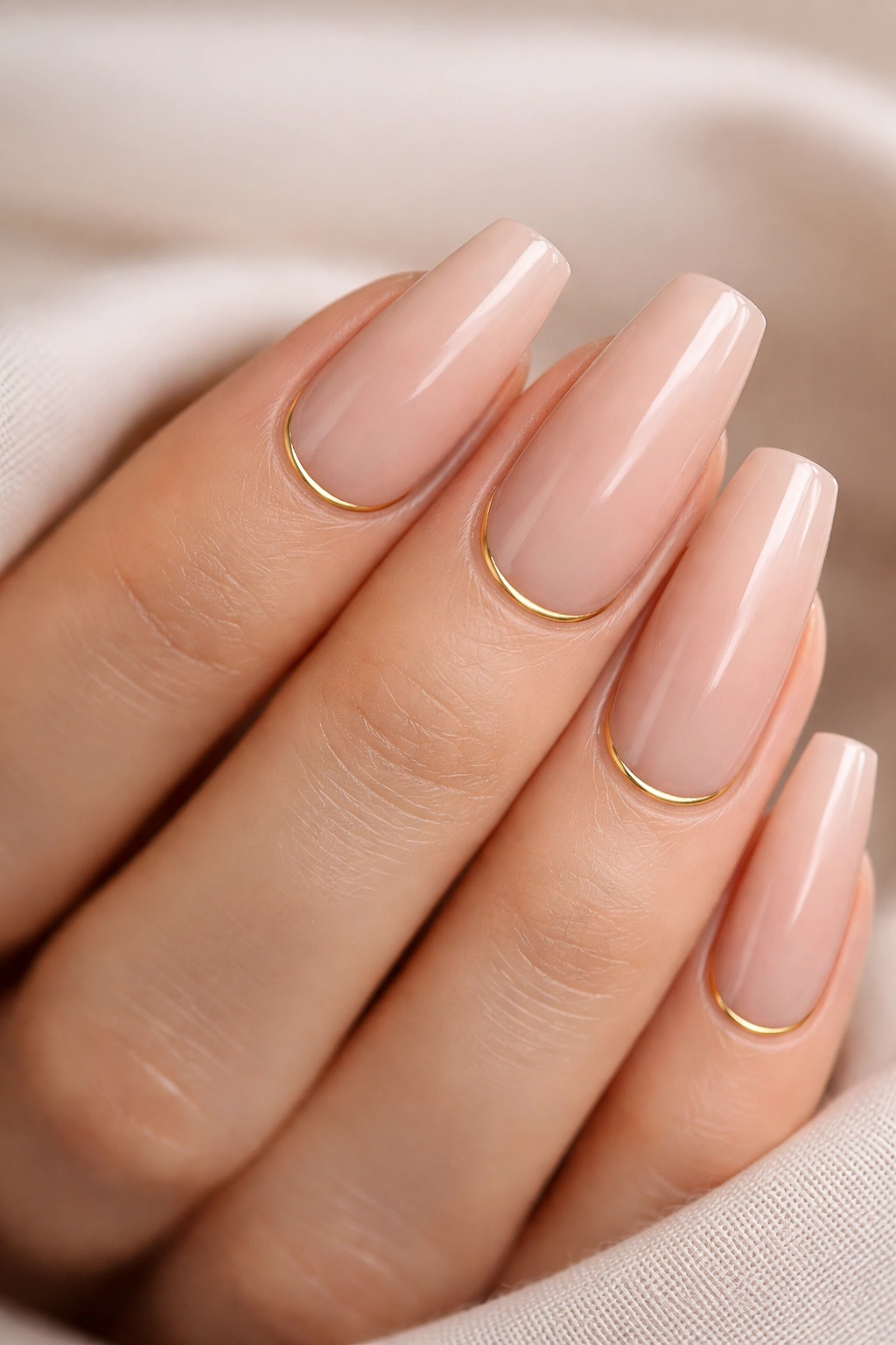 Nude blush ballerina nails with a thin gold cuticle line