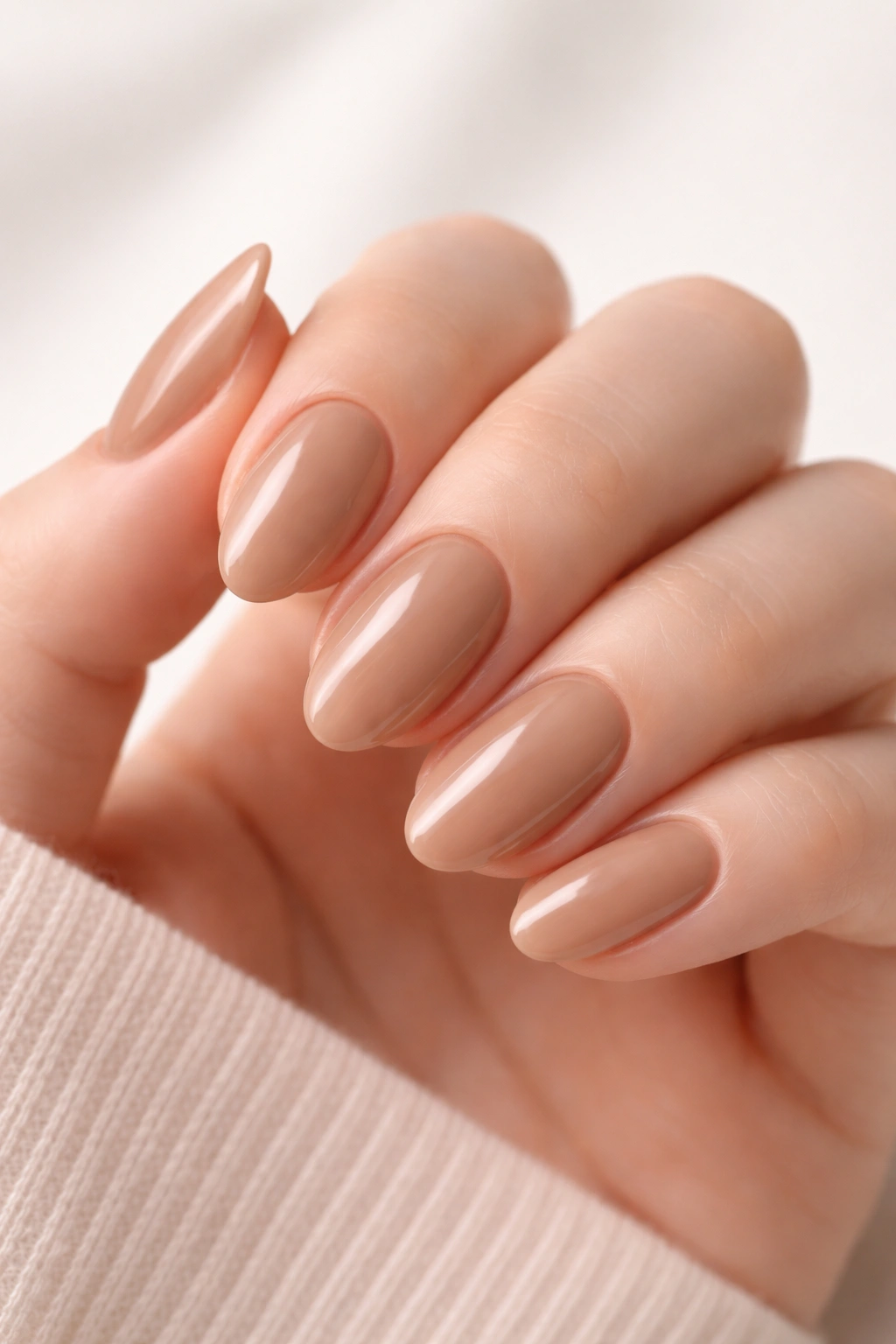 Pale-hand with creamy nude brown nails on a clean backdrop