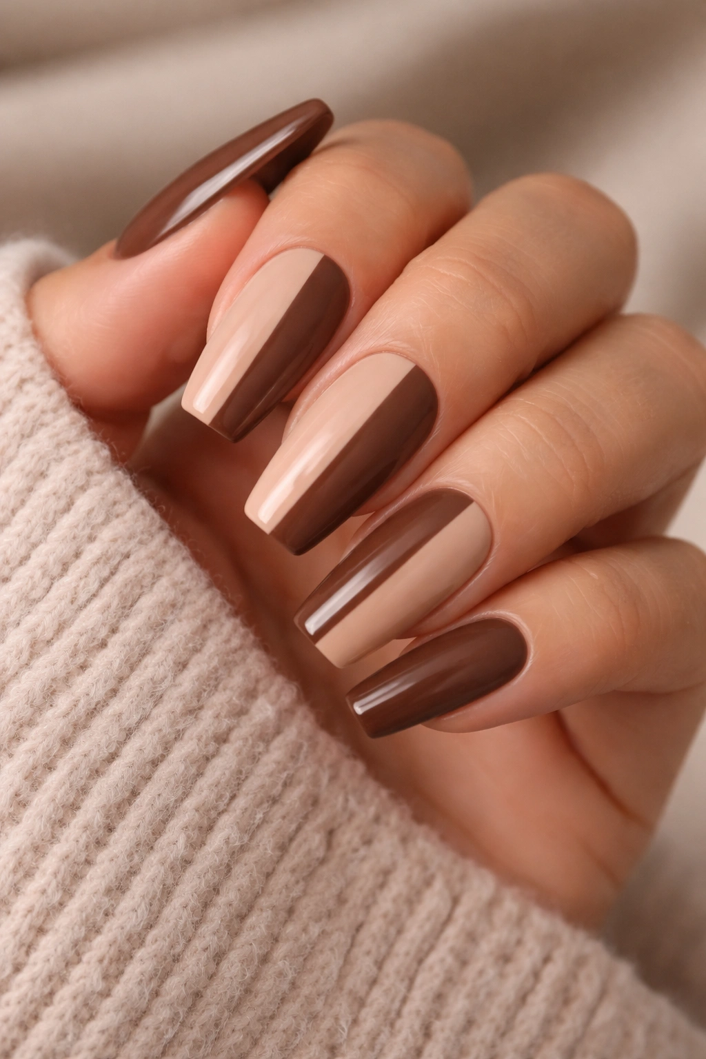 Nude and brown two-tone nails with clean color separation.