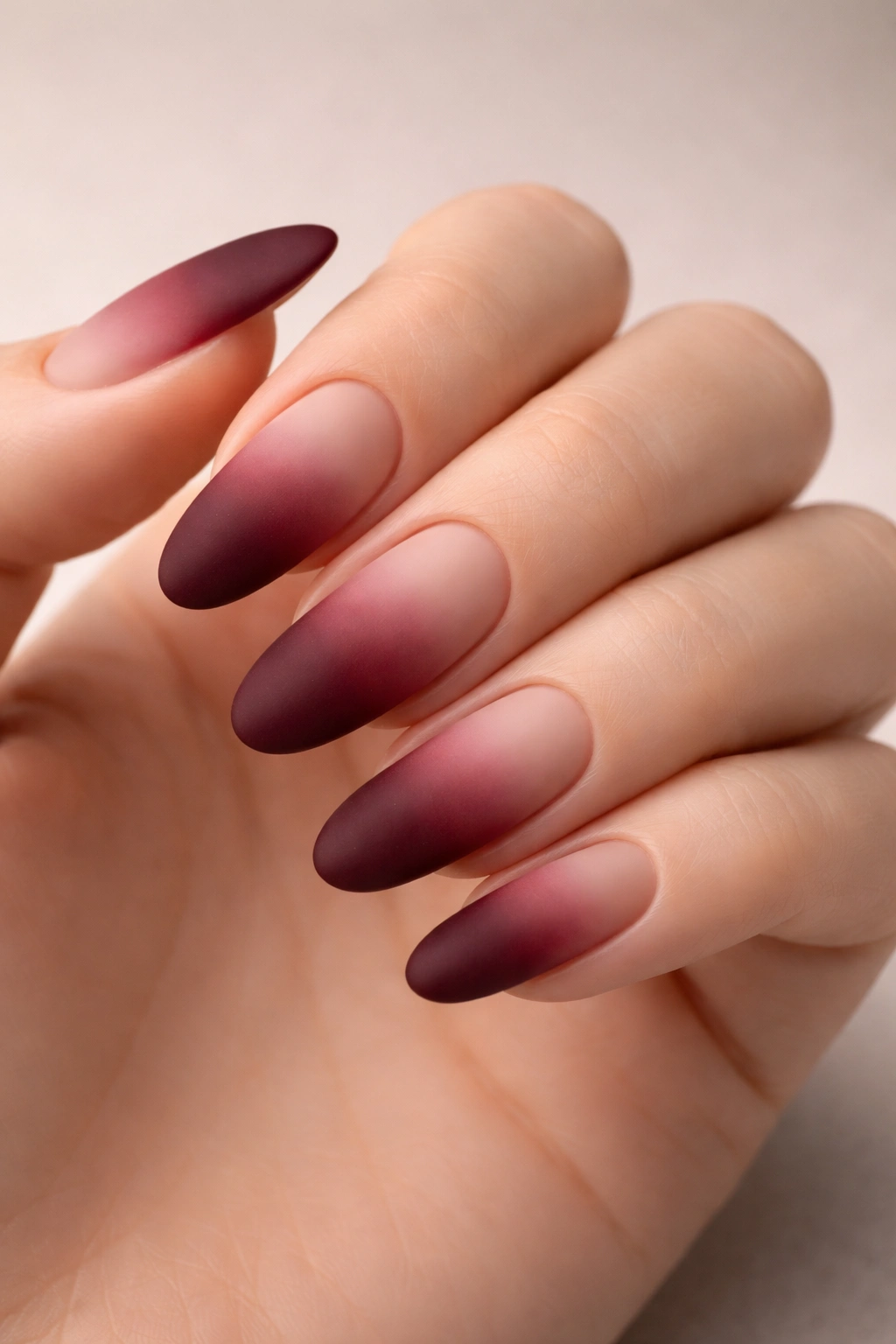 Nude to burgundy matte gradient nails